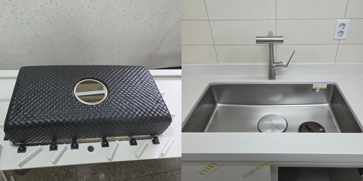 상판에 사각싱크볼을 부착한 모습과 폭포수전을 설치한 모습