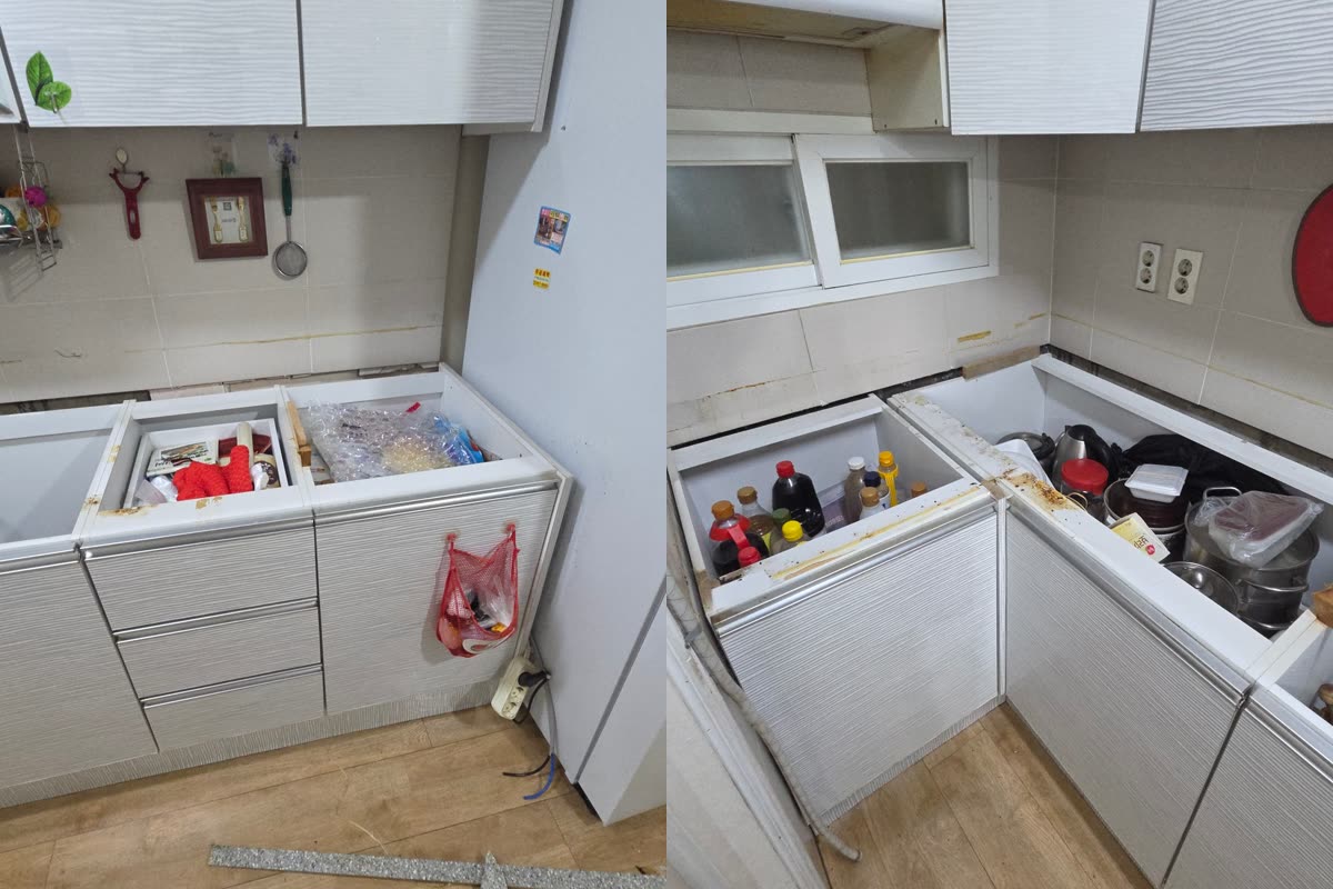 상판 철거 후 하부장 윗면과 모서리 상태를 확인하는 모습